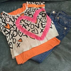 JUSTICE- size 7 xoxo shirt with matching tank underneath. Jeans 7slim jeans.